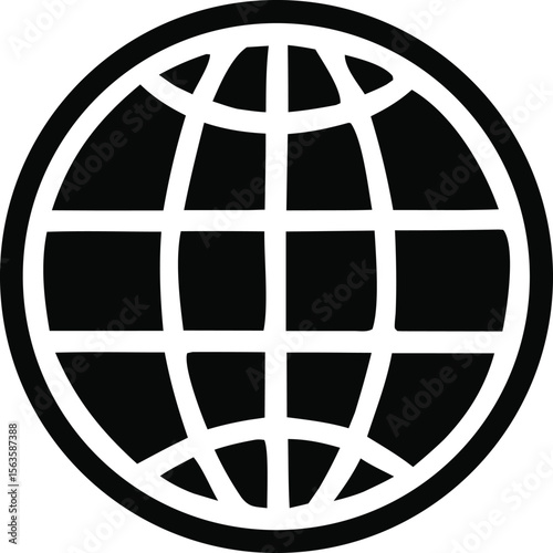 A stark black and white graphic representation of a stylized globe with intersecting grid lines symbolizing global connectivity and international reach