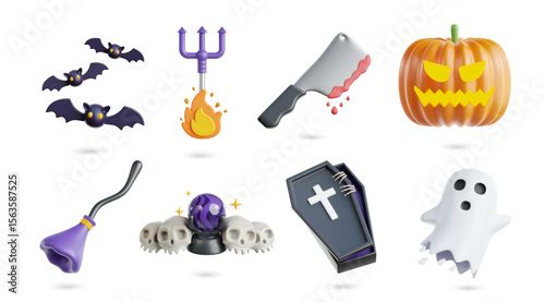 3D icons illustration set. Concept of Halloween theme. Bats, trident, cleaver, pumpkin, broom, skulls, tombstone, and ghost elements pattern. Spooky purple and orange elements render
