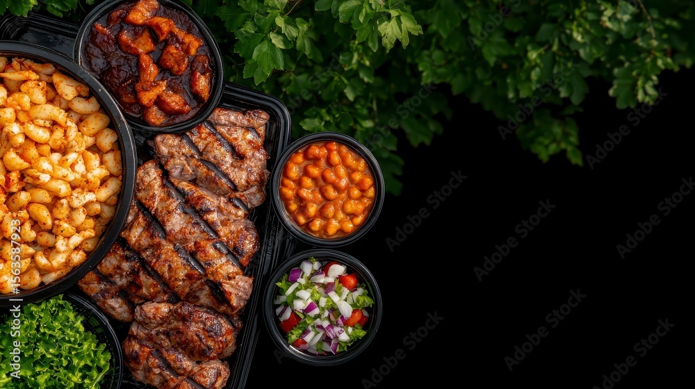 Fototapeta premium Community potluck table with various dishes. A delightful gathering featuring a wide array of culinary creations shared among friendly neighbors.