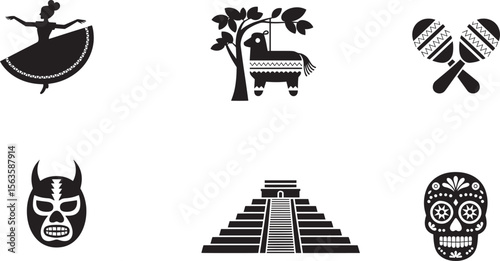 Mexico Festival Icons with Folk Dancer Pinata Maracas Luchador Pyramid and Sugar Skull for Cultural Events