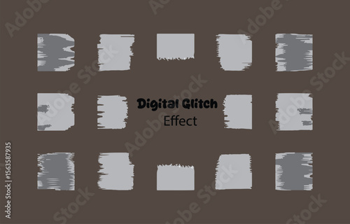 Abstract Digital Glitch Effect: Grey Square Brush Strokes on Dark Brown Background