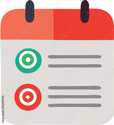 Stylized calendar icon with to do list items and progress targets represented by colorful circles