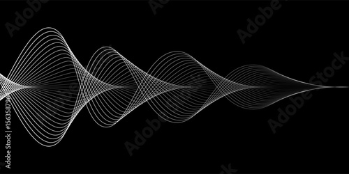 Flowing dots particles wave pattern 3D curve halftone white curve shape isolated on black background. Vector in concept of technology, science, music, modern.