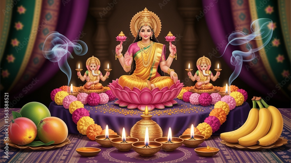 Obraz premium Diwali, Colorful Hindu Goddess Lakshmi with Ganesha, Fruits, and Candles