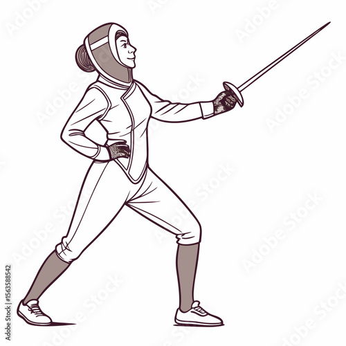 Female fencer poised with foil fencing sport