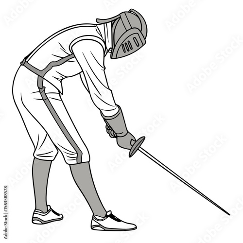 Fencer bowing with foil on white fencing sword