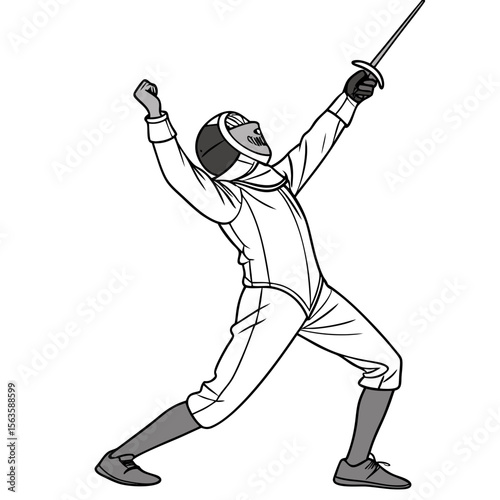 Fencer celebrating victory with sword raised fencing celebration