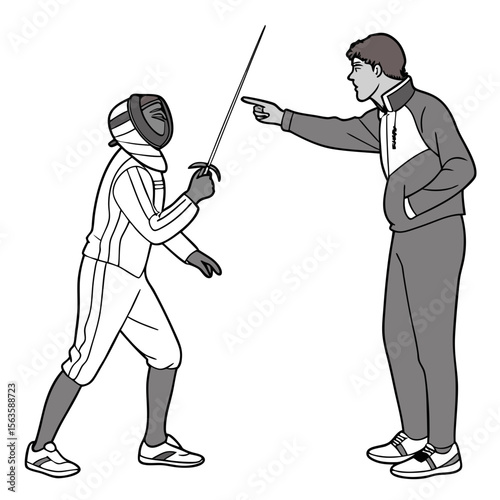 Fencer in protective gear receives instruction from coach fencing sport