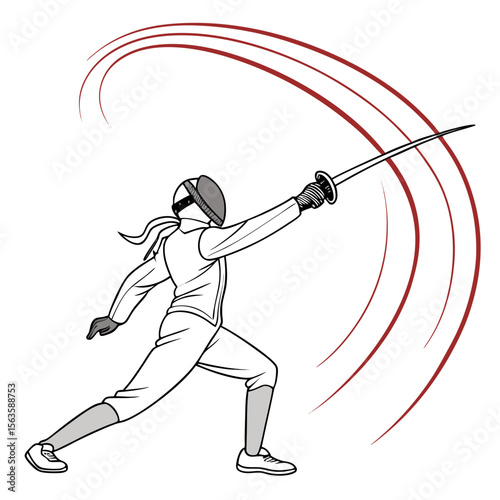 Fencer performing a swift sword swing with motion trails fencing sport