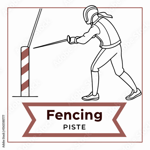 Fencer on piste with striped post fencing sport