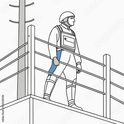 Fencer wearing protective gear standing on platform fencing sport
