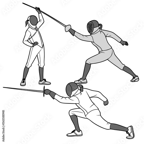 Fencers in motion with swords and protective gear fencing sport