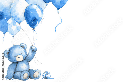 Blue teddy bear with balloons illustration for baby boy  on transparent background