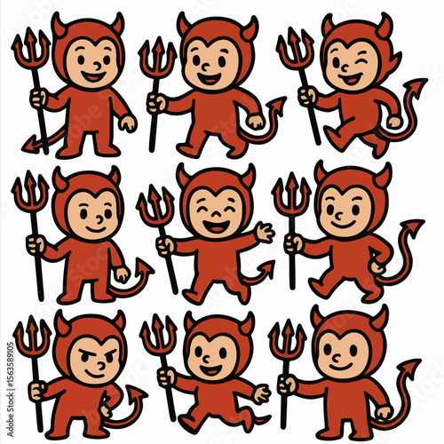 Cute devil kids holding pitchforks