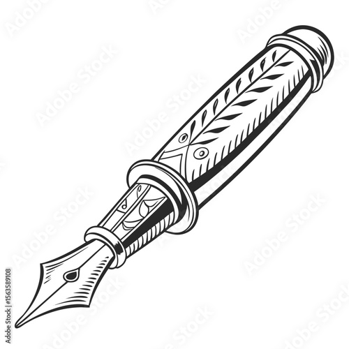Ornate fountain pen nib and barrel with leaf motif writing