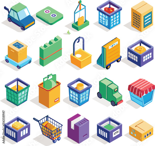 Collection of isometric shopping and delivery icons including cars carts boxes and store fronts for e commerce and logistics