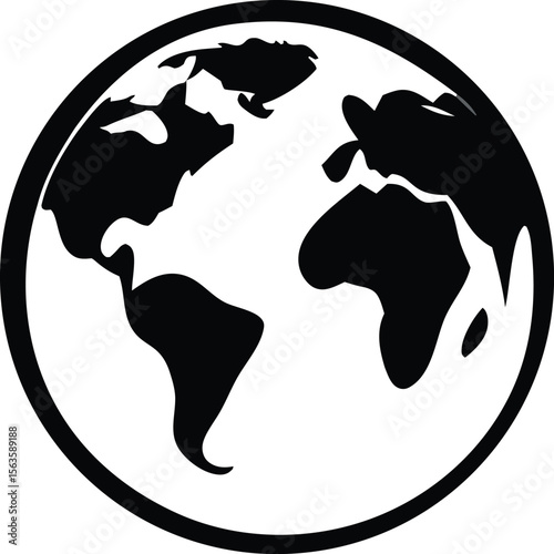 Stylized black and white graphic representation of planet earth showing continents and oceans within a circular border