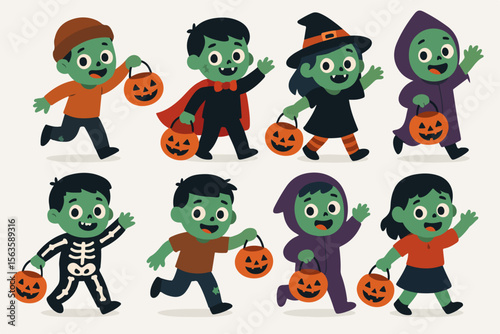 Cute zombie kids trick or treating halloween