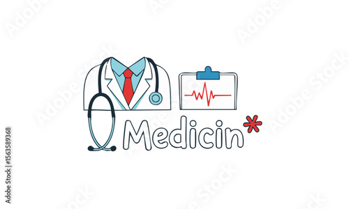 Doctor’s Coat with Stethoscope and Clipboard Showing Heartbeat on Blue Background, Medical Logo with Text “Medicin*”