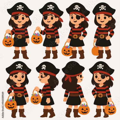 Girl pirate halloween costume poses