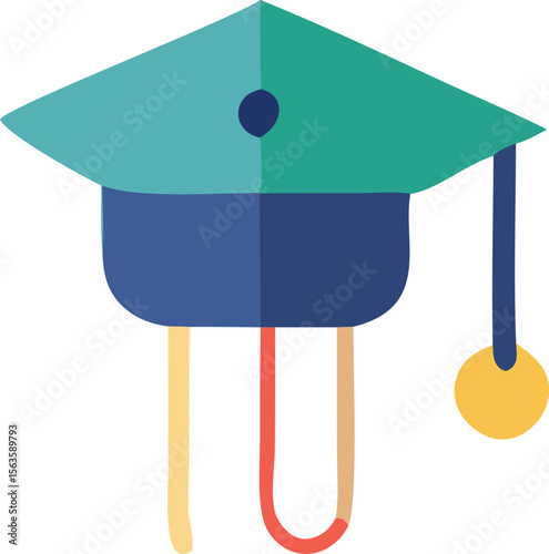 Stylized graduation cap with a tassel and dangling elements representing academic achievement and graduation ceremonies