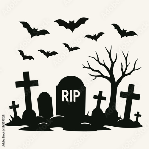 Halloween graveyard with bats silhouettes