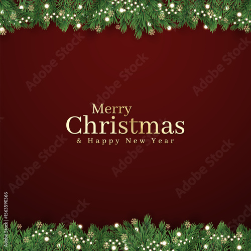 Merry Christmas and Happy New Year greeting card vector poster. Christmas elegant invitation template. Christmas and Happy New Year decoration border with fir branches background.
