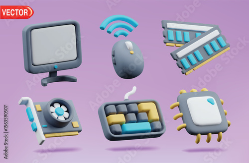 Computer devices 3d vector icon set. Monitor, Mouse, Rams, Graphic Card, Keyboard and Processer Vector illustration

