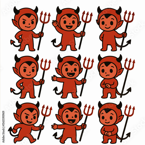 Nine cute devil characters with pitchforks