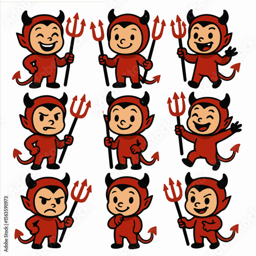 Nine cute devil characters with pitchforks