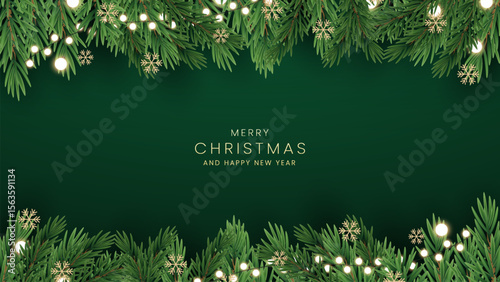 Merry Christmas and Happy New Year greeting card vector poster. Christmas elegant invitation template. Christmas and Happy New Year decoration border with fir branches background.