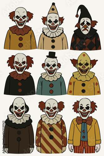 Nine spooky clowns Halloween characters