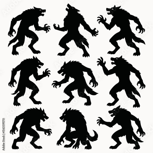 Nine werewolf silhouettes poses
