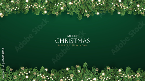 Merry Christmas and Happy New Year greeting card vector poster. Christmas elegant invitation template. Christmas and Happy New Year decoration border with fir branches background.