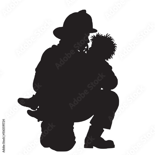 Black Silhouette Vector of Firefighter Carrying Child to Safety in Emergency Rescue Scene on White Background Full HD