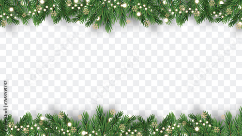 Merry Christmas and Happy New Year greeting card vector poster. Christmas elegant invitation template. Christmas and Happy New Year decoration border with fir branches background.