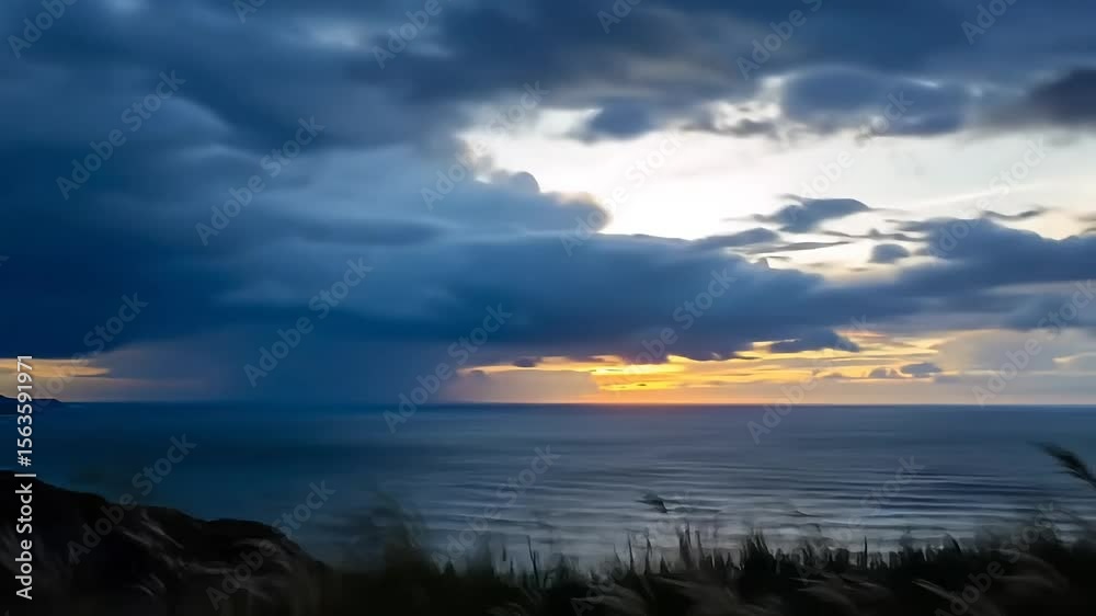 Dramatic seascape with dark clouds and sunset reflecting on water Dramatic seascape with dark clouds and sunset reflecting on water