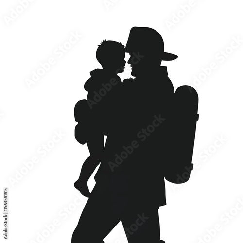 Black Silhouette Vector of Firefighter Carrying Child to Safety in Emergency Rescue Scene on White Background Full HD