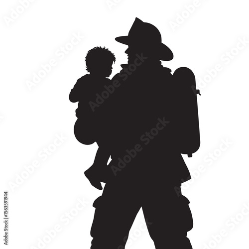 Black Silhouette Vector of Firefighter Carrying Child to Safety in Emergency Rescue Scene on White Background Full HD