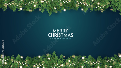 Merry Christmas and Happy New Year greeting card vector poster. Christmas elegant invitation template. Christmas and Happy New Year decoration border with fir branches background.