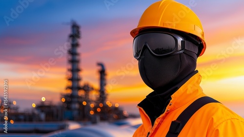 Engineer ensures pipeline integrity in industrial setting protective gear on overseeing operations. A skilled technician maintains industrial system reliability using safety equipment while