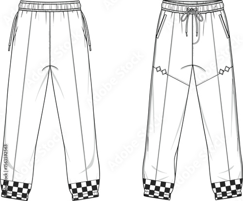 Trendy jogger pants design, fashion-forward streetwear illustration, stylish cuff accents, modern pocket styling, apparel concept sketch, checkered hem pants, ver