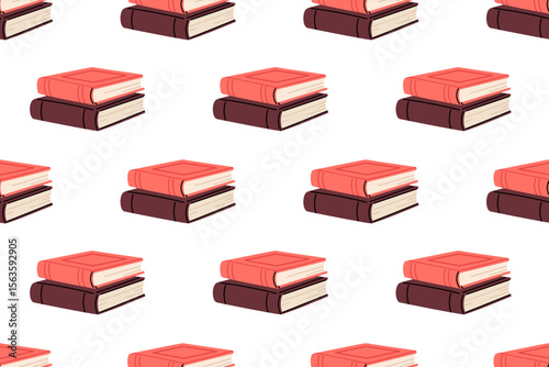 Repeating pattern of stacked hardcover books in red and brown tones