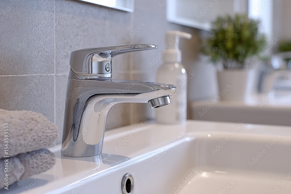 Close-up of modern shiny chrome bathroom faucet with white soap dispenser and plant in background on grey tiled wall Close-up of modern shiny chrome bathroom faucet with white soap dispenser and plant in background on grey tiled wall