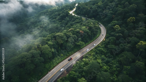 EV car, Electric car or hydrogen energy car on road midst forest and natural. Environmental friendly travel. Sustainable transportation and green logistic to Net zero carbon emission for Save earth.