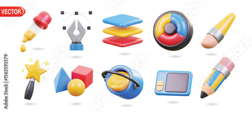 Graphic design 3d icons set. Tools for art and graphics. Bucket, Color Picker, Color Wheel, Drawing Pad, Layers, Magic Tool, Paint Brush, Pencil, Shapes, Vector Pen
