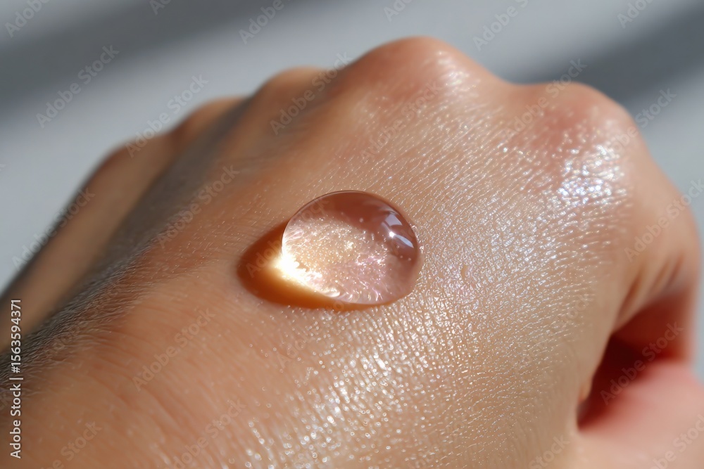Fototapeta premium Close-up of a single transparent water droplet resting on smooth skin with detailed texture and subtle reflections highlighting hydration and freshness