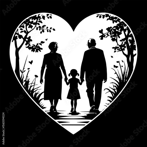 Grandparents and grandchild family walking together holding hands in a heart shape silhouette poster banner card background design