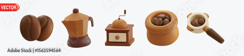 Set of realistic 3D Coffee icons. Beans, Beans Sack, Cup, Grinder, Tree, Iced Coffee, International Coffee Day, Moka Pot, Portafilter. 3d coffee shop concept
