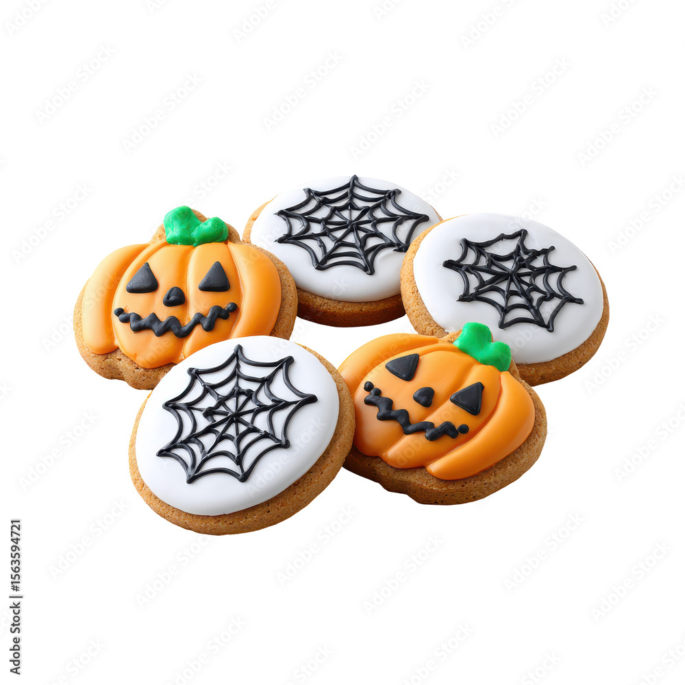Fototapeta premium Freshly made pumpkin cookies with Halloween decorations and fun icing designs, ideal for spooky celebrations on transparent background